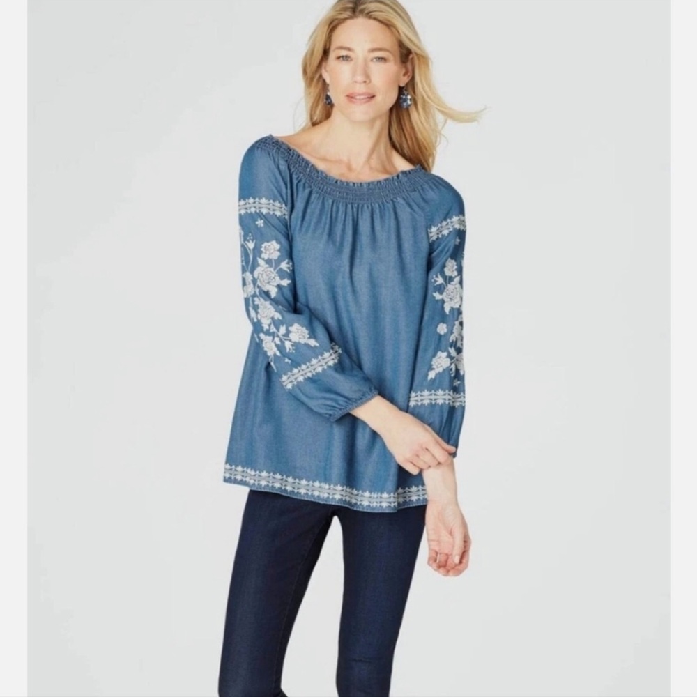 J. Jill Denim Floral Embroidered Blue Top